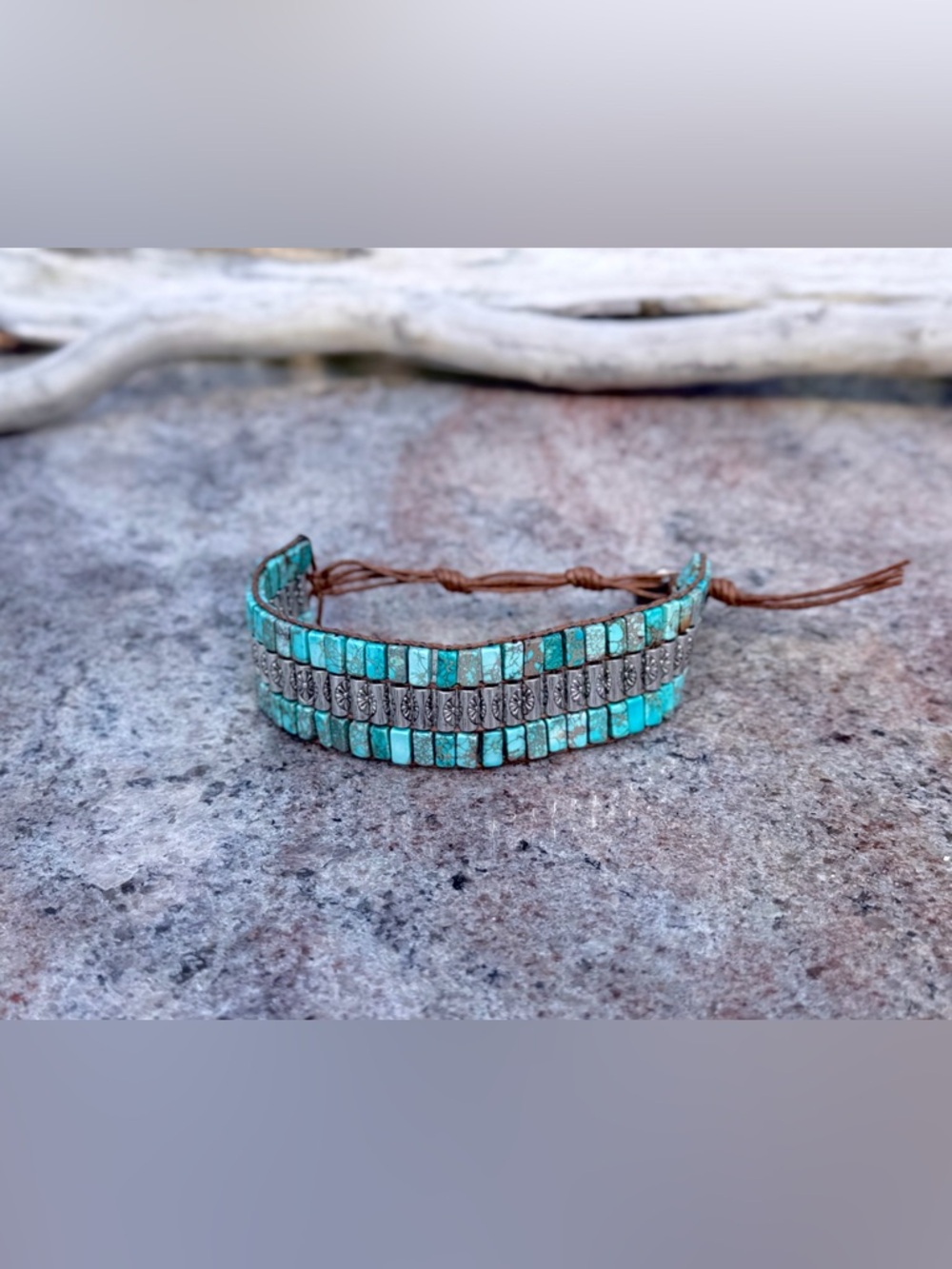Turquoise Bead and Silver Accent Wrap Boho Stackable Bracelet - Picture 2 of 4